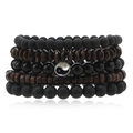 Lot de 5 bracelets en perles de pierre naturelle et bois avec pendentif Tai Chi Yin Yang - Set de 5 pièces / Combinaison Multi-rangs Noir et Marron