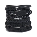 Black multilayer leather bracelet set for men with braided ropes and wing charm - Black