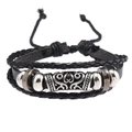 Detail of multi-layer black braided leather bracelet with retro metal beads and ornament - Flowery Arm Pattern Style / Black