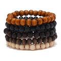 Set of four multi-color 8mm wood bead bracelets in natural brown, black, and beige tones - Multicolor