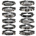 Set di 12 bracciali punk in pelle con ciondoli a teschio e stella in nero vintage - Nero