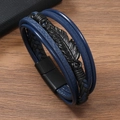Men's multilayer navy leather bracelet with black zinc alloy feather charm and magnetic clasp - Dark Blue