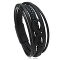 Men's multilayer black braided leather bracelet featuring a matte infinity symbol metal charm - Black