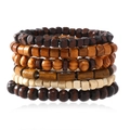 Men's bohemian 6-piece wooden bead stretch bracelets set in assorted natural brown tones - Multicolor