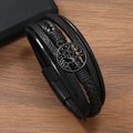 Schwarzes mehrlagiges Lederarmband mit Lebensbaum-Anhänger und Magnetverschluss für Herren - Schwarz