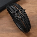 Bracciale da uomo in pelle nera intrecciata con timone nautico e chiusura magnetica - Nero