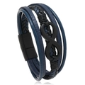 Detail view of multi-layer men's leather bracelet with black infinity symbol and magnetic clasp - Dark Blue