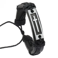 Men's vintage multilayer braided leather bracelet with silver metal cross charm - Black