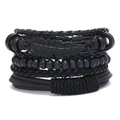 Set bracciale in pelle uomo stile gotico scuro con ciondolo a piuma e perle nere - Nero
