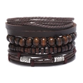 Multilayer vintage leather bracelet with wooden beads and engraved metal charms for men - Brown