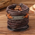 Vintage geflochtenes Lederarmband-Set für Herren mit metallischem Believe Namensschild - Braun
