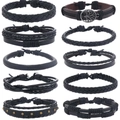 Lot de 10 bracelets vintage en cuir tressé avec pendentifs arbre de vie et clous - Style Arbre de Vie Vintage / Noir