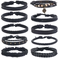 Mehrlagiges Lederarmband-Set für Herren mit Blattanhänger im Vintage-Stil - Schwarz