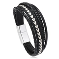 Bracciale multistrato in pelle intrecciata nera da uomo con cuciture a cuore bianche e chiusura magnetica - Nero