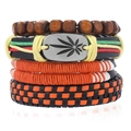 4-teiliges Herren Lederarmband Set mit Holzperlen und Hanfblatt-Anhänger in Braun - Mehrfarbig