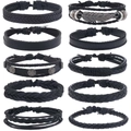 Set di 10 bracciali in pelle retrò da uomo con ciondoli a piuma e stella in lega - Nero
