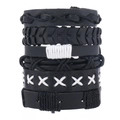 Set di bracciali multistrato in pelle intrecciata nera da uomo con cuciture e cordini - Nero