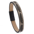 Detail of vintage leather bracelet with gold feather patterns and matte magnetic clasp - Gray