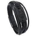 Detail of multi-layer leather bracelet featuring a black wolf head metal plaque and clasp - Wolf Head Black