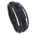 Men's multilayer black leather bracelet with embossed eagle head metal plaque and magnetic clasp - Black