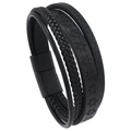 Close-up of black braided leather bracelet with embossed hexagram patterns and magnetic clasp - Black