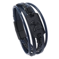 Detail of men's multilayer braided leather bracelet with eagle relief metal plaque - Dark Blue