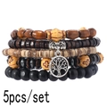 Set da 5 pezzi di braccialetti vintage in legno e cocco con ciondolo albero della vita - Marrone