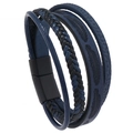 Men's retro multilayer leather bracelet with feather pattern and black magnetic clasp - Navy Blue