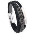Pulsera para hombre de cuero trenzado negro con motivos de hexagramas grises y cierre imán - Gris