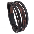 Men's multi-layer woven leather bracelet in brown and black with feather patterns - Brown