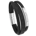 Pulsera multicapa de cuero negro para hombre con patrón de hexagrama y cierre magnético - Negro
