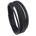 Men's multi-layer black leather bracelet with feather embossed pattern and magnetic clasp - Black