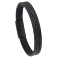 Men's black leather bracelet featuring feather embossed patterns and magnetic clasp - Black