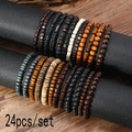 24-piece set of handmade vintage wood bead and coconut shell bracelets for men - Mixed Multicolor Style