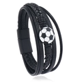 Mehrlagiges Herren-Lederarmband in Schwarz mit Fußball-Anhänger und magnetischem Verschluss - Schwarz