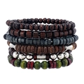 Set of 7 multi-layer beaded bracelets with vintage wood beads and LOVE metal bar - Multicolor