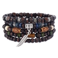 Mehrlagiges Holzperlen-Armbandset im Boho-Stil mit Federanhänger und ethnischen Elementen - Mehrfarbig