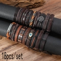 18-piece set of men's leather woven bracelets with Tree of Life and Evil Eye charms - 18-Piece Set