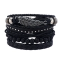 Mehrlagiges Vintage-Lederarmband-Set mit silbernem Federanhänger und schwarzen Perlen - Schwarz