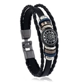 Bracciale multistrato uomo in pelle intrecciata nera con ciondolo a sole e perline in metallo - Nero