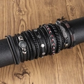 Men's retro black multi-layer leather bracelet set with feather charm and metal rivets - Multilayer Combination Style