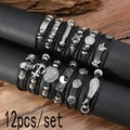 Set of 12 men's punk leather bracelets with anchor, skull and vintage alloy charms - Multilayer Combination Style