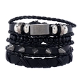 Bracciale multistrato in pelle punk da uomo con rivetti in lega e perline nere - Nero