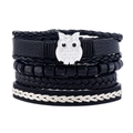 Mehrlagiges schwarzes Lederarmband-Set mit Eulen-Anhänger und schwarzen Holzperlen - Schwarz