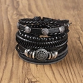 Men's retro multilayer braided leather bracelet set with metallic star and sun motifs - Pentagram Sun Pattern Style (02)