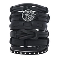 Handmade black leather bracelet set for men featuring a vintage Tree of Life metal charm - Black Tree Of Life Style