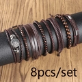 Vintage 8er-Set handgefertigte geflochtene Leder- und Holzperlenarmbänder für Herren - Mehrschichtiges Set / Braun