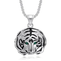 Hip-hop tiger head pendant necklace in silver finish with green eyes and white crystals - Steel Color Green-Eyed Tiger Head Pendant