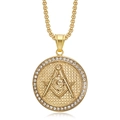 Collana con ciondolo massonico in acciaio inossidabile placcato oro con cristalli bianchi - Ciondolo Solo (Senza Catena) (Oro)