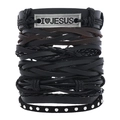 Detail view of multi-layer leather bracelet with Tree of Life and I Love Jesus engraving - Vintage Silver Nameplate Style